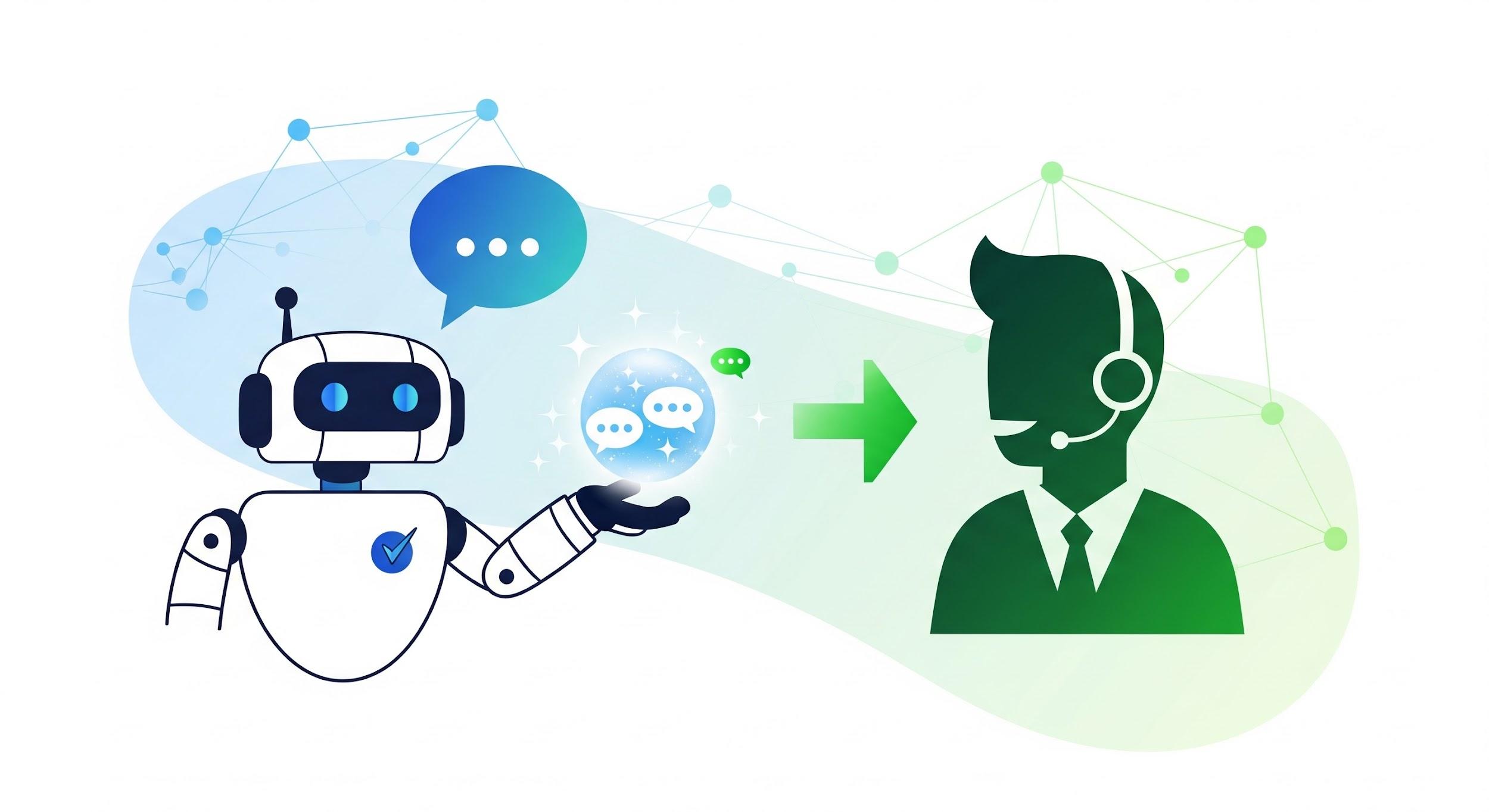 An abstract illustration of a chatbot handing off a conversation to a human customer service agent, symbolizing smart escalation