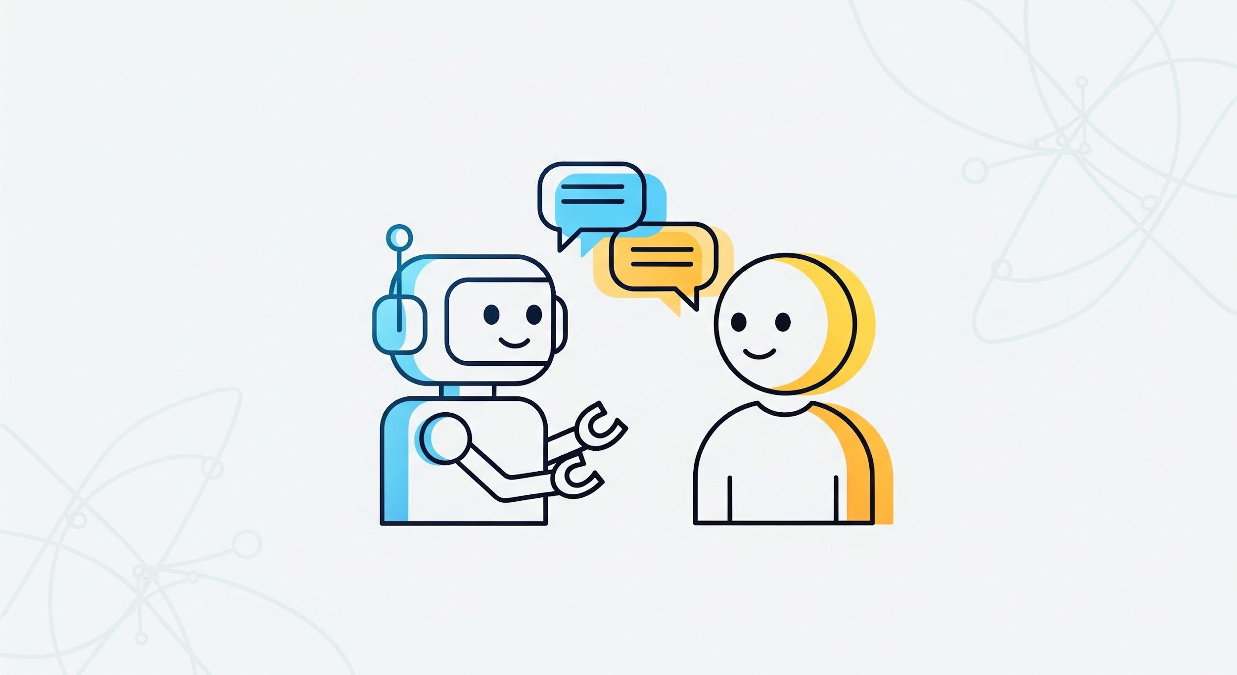 An abstract illustration of a robot icon engaging in a friendly conversation with a human icon, representing artificial intelligence and customer interaction.