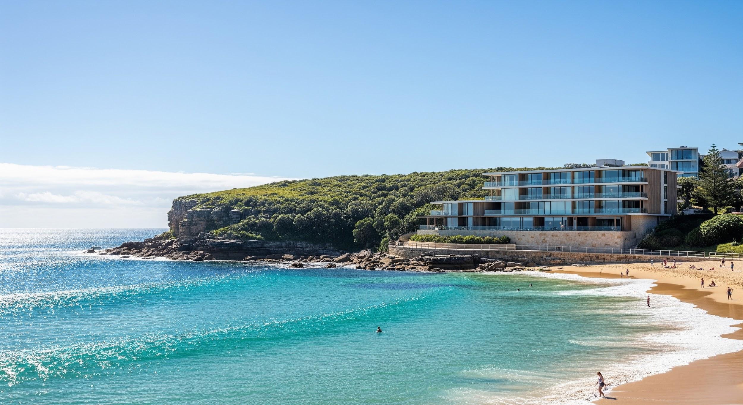 A tranquil image of the coastline and clear blue water of Manly, New South Wales, with a modern, elegant building subtly incorporated into the background